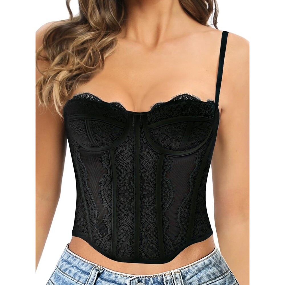 Black Lace Corset Crop Top Women’s Y2K Whimsigoth Bustier Night Out Party Cami M